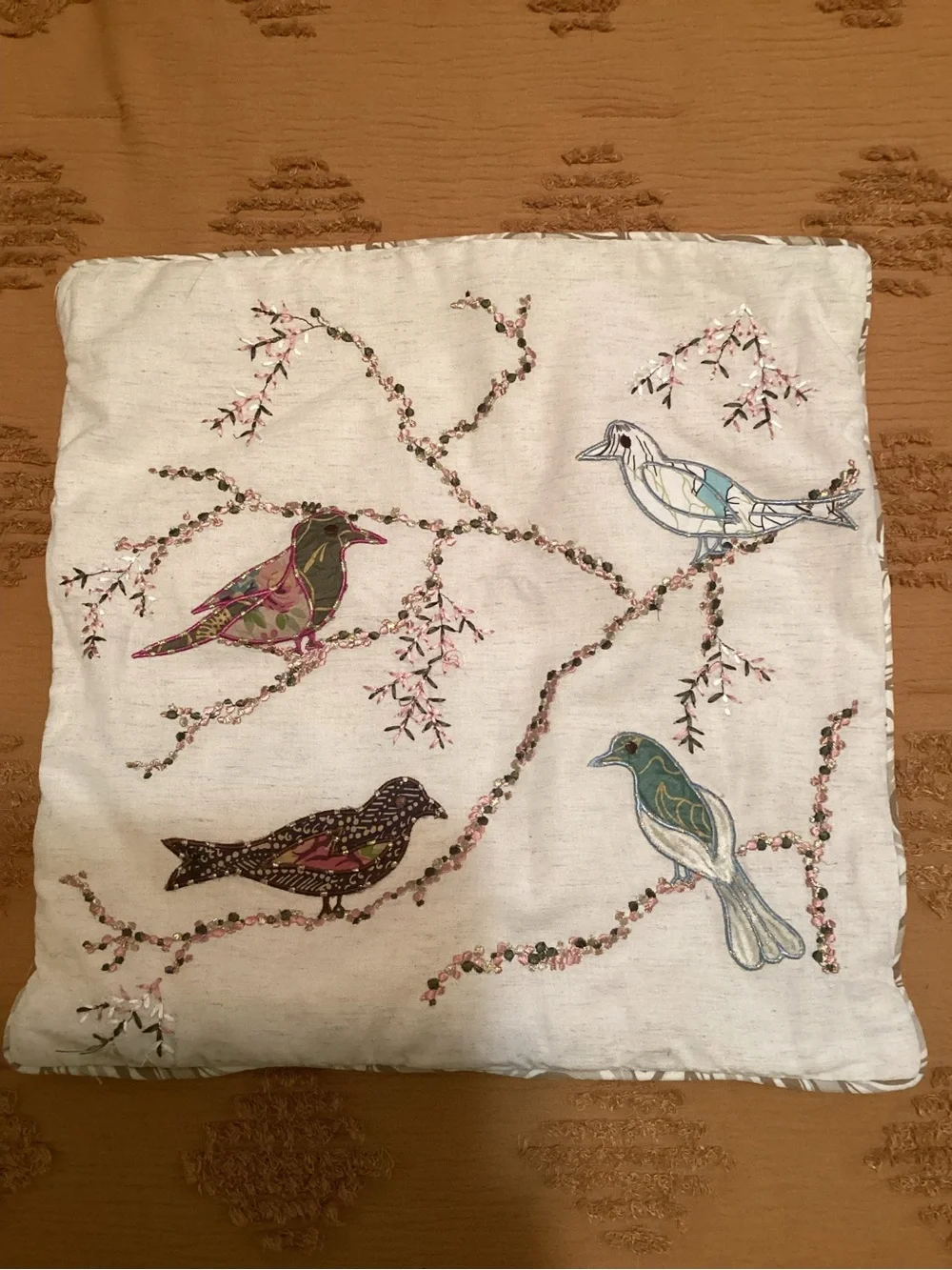 Anthology Embroidered Bird Throw Pillow Cover - Multi-Color on Cream 17”x17”